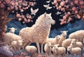 White polar wolf with a flock of white lambs among blooming pink trees at night Royalty Free Stock Photo