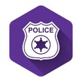 White Police badge icon isolated with long shadow. Sheriff badge sign. Purple hexagon button