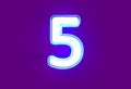 White polished neon light blue glow font - number 5 isolated on purple, 3D illustration of symbols Royalty Free Stock Photo