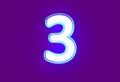 White shine neon light blue glow font - number 3 isolated on purple background, 3D illustration of symbols Royalty Free Stock Photo