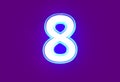 White shiny neon light blue glow alphabet - number 8 isolated on purple background, 3D illustration of symbols Royalty Free Stock Photo