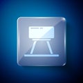 White Pommel horse icon isolated on blue background. Sports equipment for jumping and gymnastics. Square glass panels