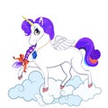White pony unicorn with big eyes, golden horn, feather wings and purple mane Royalty Free Stock Photo