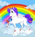 White pony unicorn character standing on clouds with rainbow Royalty Free Stock Photo