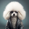 Tiny white poodle in glasses and a black leather jacket, a pretty little boy. Royalty Free Stock Photo