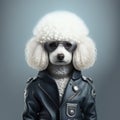 White poodle in a leather jacket and glasses. Cool guy!