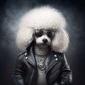 White poodle in a leather jacket and glasses. Cocky guy with a serious view.