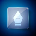 White Pope hat icon isolated on blue background. Christian hat sign. Square glass panels. Vector