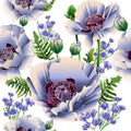 White poppies and cornflowers seamless pattern