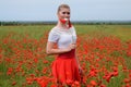 White poppy flower in the hands of a girl in the middle of a field of red poppies Royalty Free Stock Photo