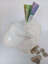 White porcelain animal piggy Bank with Canadian money bills and coins to show the concept of saving money Royalty Free Stock Photo
