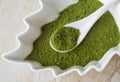 White porcelain bowl with matcha green tea powder. Natural beauty treatment and spa. Homemade matcha mask recipe. Top view Royalty Free Stock Photo