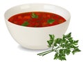 White porcelain bowl with red soup and parsley