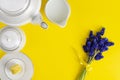 White porcelain coffe or tea set with muscari flowers on yellow Royalty Free Stock Photo
