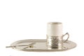 White porcelain coffee Cup with silver spoon on tray Royalty Free Stock Photo