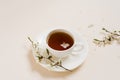 White porcelain cup with black tea and marshmallows. Branches of a blossoming apple tree lie on a beige background. Spring concept Royalty Free Stock Photo