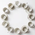 White porcelain cups and saucers arranged in circle on white background Royalty Free Stock Photo