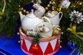 White porcelain mice in a red toy drum. Christmas decorations. Symbol of the year 2020 Royalty Free Stock Photo