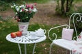 White porcelain set for tea or coffee on table in the garden over blur green nature background. Summer outdoor party setting. Royalty Free Stock Photo