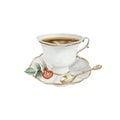 White porcelain tea cup and saucer with gilded rim, gold tea spoon, rose hip berry with leaves.