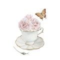 White porcelain tea cup and saucer with gilded rim, rose hip flowers and butterfly. Watercolor illustration Royalty Free Stock Photo