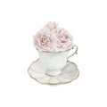 White porcelain tea cup and saucer with gilded rim, rose hip flowers. Victorian style. Watercolor illustration Royalty Free Stock Photo