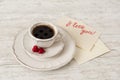 White porcelain tea set with cup of coffee and hearts Royalty Free Stock Photo