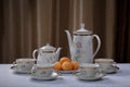 White porcelain tea set with flowers and plate with apricots on a tablecloth