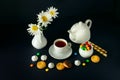 White porcelain tea set, sweets and white daisies on a black
