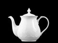 White porcelain tea ware, set details, isolate teapot on black background Royalty Free Stock Photo