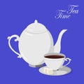 White porcelain teapot and teacup with sugar cubes on a blue background Royalty Free Stock Photo