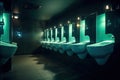 White porcelain urinals in line in men\'s toilet of an restaurant. Generative AI
