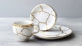 White porcelain ware service repaired using japanese Kintsugi or Kintsukuroi technique emphasizing the cracks with golden joinery