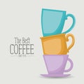 White poster of the best coffee since 1970 with colorful set porcelain cups stacked Royalty Free Stock Photo