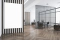 White poster with copyspace on striped wall in modern open space office with eco style interior, parquet and airy partition. Royalty Free Stock Photo