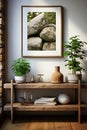 white poster frame mockup in modern setting with wooden floor concrete wall and plants Royalty Free Stock Photo