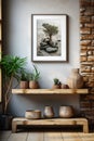 white poster frame mockup in modern setting with wooden floor concrete wall and plants Royalty Free Stock Photo