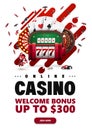 White poster with liquid shapes, red slot machine, Casino Wheel Fortune, Roulette wheel, Poker table, poker chips. Royalty Free Stock Photo