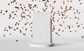 White pouch bag falling coffee beans podium 3D rendering. Merchandise discount packaging logo shop design promo sale
