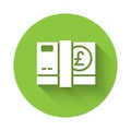 White Pound sterling money icon isolated with long shadow. Pound GBP currency symbol. Green circle button. Vector Royalty Free Stock Photo