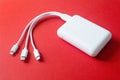 Powerbank on red background. Powerbank with different connectors. Royalty Free Stock Photo