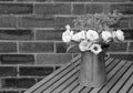 White prairie gentians in a jug on a wooden table