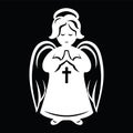 White praying angel on black background. Simple drawing.