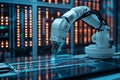 White precision robotic arm working on glowing transparent circuit board in a data center environment Royalty Free Stock Photo