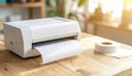 White Printer with Paper on Wooden Table in Sunlit Office Interior Royalty Free Stock Photo