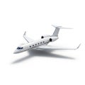 White Private Jet Airplane Flying with Wings Extended and Shadow on White Background Royalty Free Stock Photo