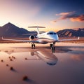 White Private Jet Soaring in Sunset Blue Sky over Uninhabited Desert Mountains Royalty Free Stock Photo