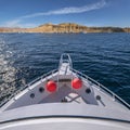 White private yachts in Red sea harbor. Tourist yacht boat goes to port near mountains. Egypt Sharm El Sheikh