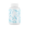 White probiotics plastic pill bottle isolated on white background. Capsules, medications, supplement, herbs, gel caps.