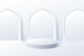 White product display mock up with Islamic interior mosque door. 3d podium. Ramadan, eid fitr adha, mawlid concept